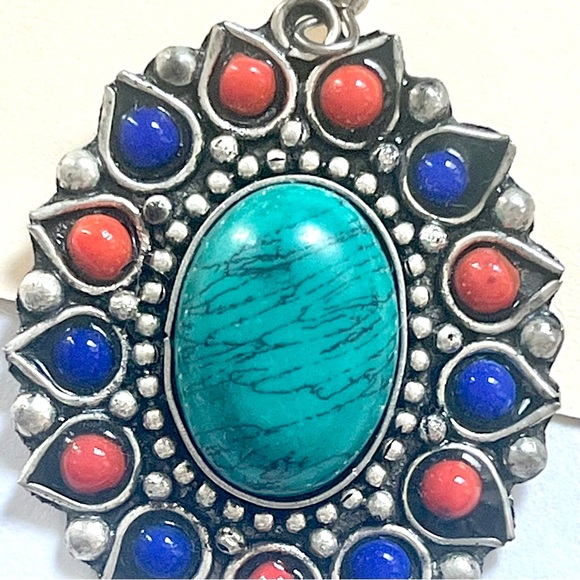 (pendant) 1980s vintage boho necklace pendant red, blue, green, &turquoise stone - Picture 6 of 10